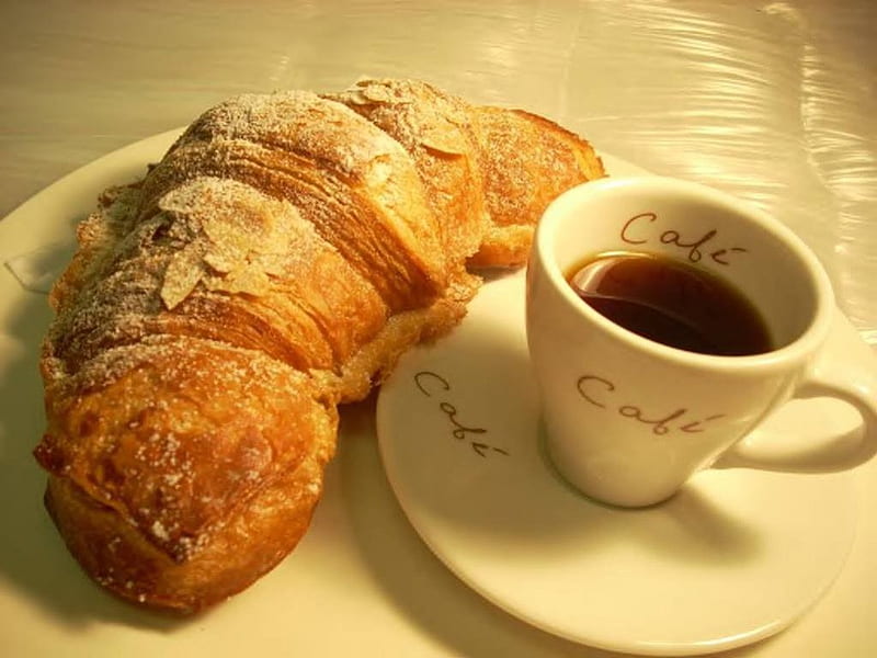 Breakfast, Anyone?, cup, table, coffee, croissant, HD wallpaper