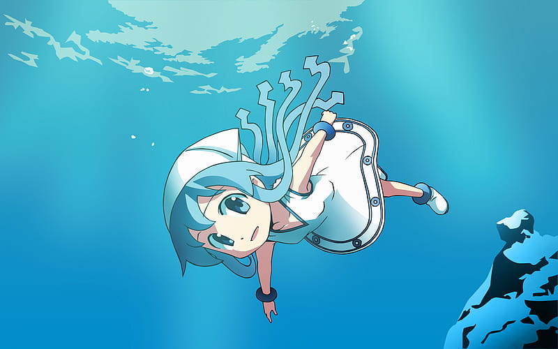 Shinryaku! Ika Musume, underwater, ikamusume, musume, ika, water, blue hair, anbe masahiro, blue eyes, shinryaku, blue, HD wallpaper