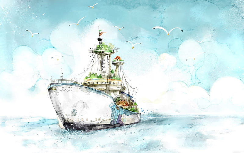 ship, sea, seagulls, art, creative, clouds, HD wallpaper