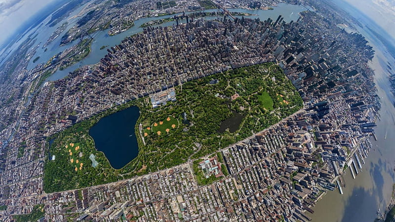 aerial fish-eye view of central park nyc, city, fish eye, park, view, HD wallpaper
