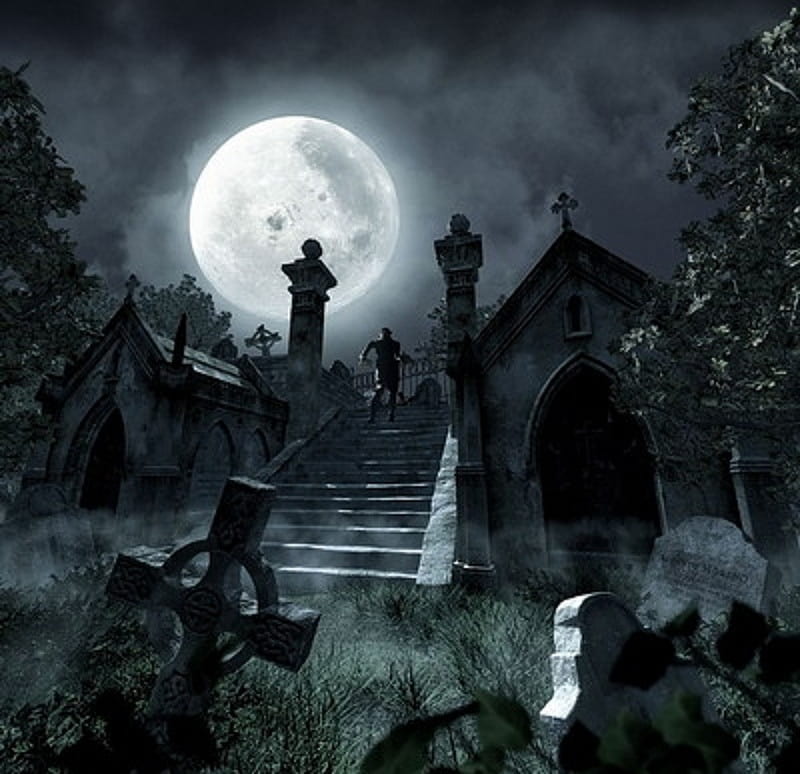 Full Moon on Consecrated Ground, fantasy, moon, tombstones, gates, celtic cross, landscape, HD wallpaper