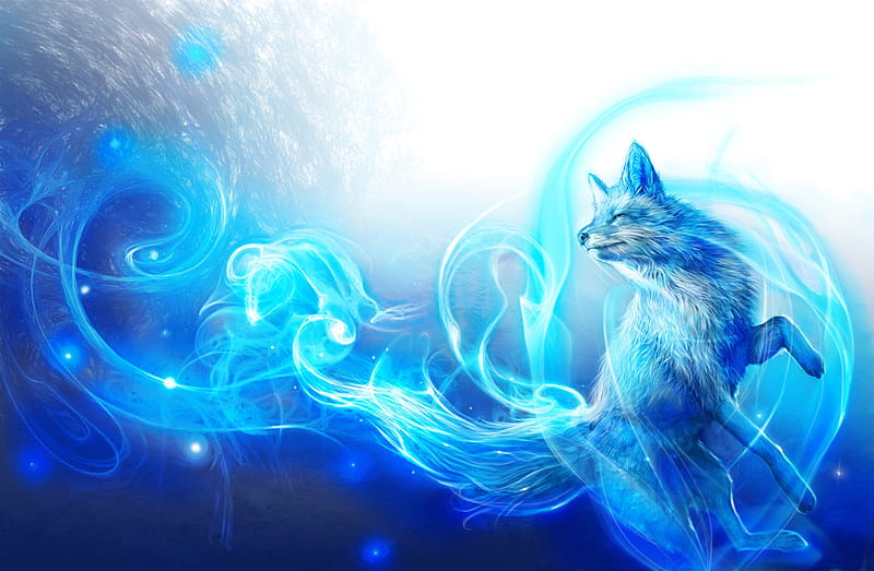 The Blue Flame, fantasy, vulpe, frumusete, flame, fox, antonello venditti, blue, luminos, fire, white, HD wallpaper
