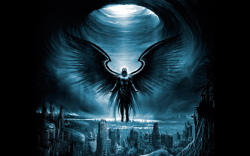Fantasy Angel, fantasy, city, angel, black, blue, HD wallpaper