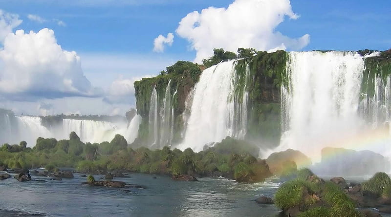 a mighty mighty waterfall, rocks, large, moss, waterfall, rainbow, HD wallpaper