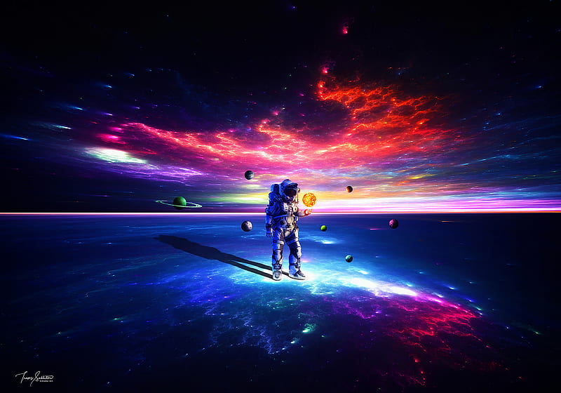 astronaut on the surface, nebula, galaxy, cosmonaut, planets, Space, HD wallpaper