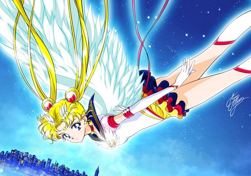 Sailor Moon, pretty, blond, bonito, wing, sweet, magical girl, nice, twin tail, anime, feather, beauty, anime girl, long hair, pink, sailormoon, female, wings, oat, lovely, twintail, angel, blonde, blonde hair, twintails, sky, twin tails, blond hair, fly, girl, flying, scene, HD wallpaper
