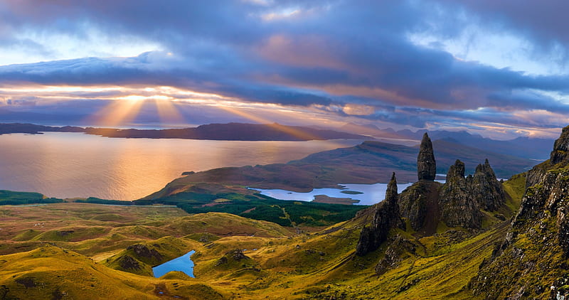 The Isle Of Skye At Sunrise, hills, forest, oceans, lakes, grass, sunbeams, bonito, valley, blue clouds, Scotland, sunrise, magic sky, HD wallpaper
