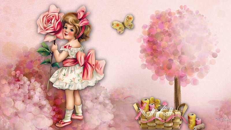 An Old Fashion Girl, thread, rose, ribbons, Victorian, sweet, sew, tree, butterfly, girl, flowers, child, pink, sewing basket, vintage, HD wallpaper