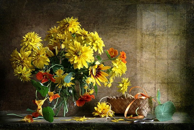 Still life, various, yellow, vase, summer, flowers, beauty, color ...
