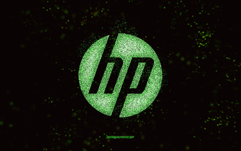 HP glitter logo, black background, HP logo, green glitter art, HP, creative art, HP green glitter logo, Hewlett-Packard logo, HD wallpaper