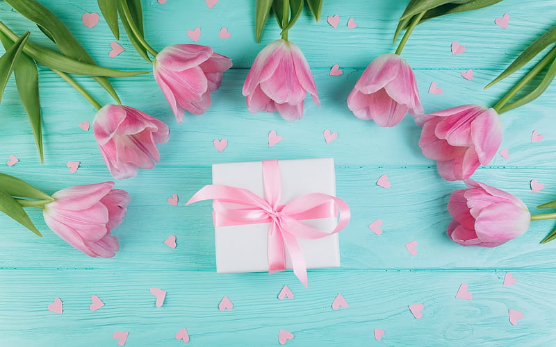 Happy Women's Day!, box, bow, spring, gift, mother, women, card, day, pink, blue, tulip, wood, HD wallpaper
