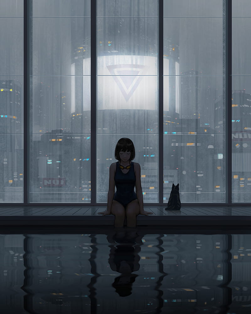 women, anime, anime girls, brunette, bangs, shoulder length hair, closed eyes, sitting, swim goggles, goggles, swimwear, school swimsuits, one-piece swimsuit, swimming pool, glass, building, reflection, cats, women with cat, vertical, artwork, drawing, digital art, illustration, original characters, GUWEIZ, sad, HD phone wallpaper