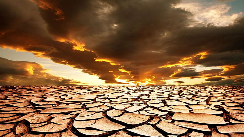drought, sunset, parched, clouds, lake, HD wallpaper