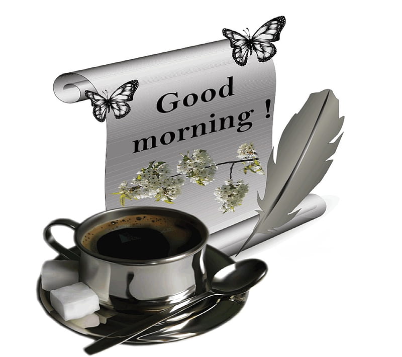  Buenos días, mariposas, café, taza, lindo, té, Fondo de pantalla HD