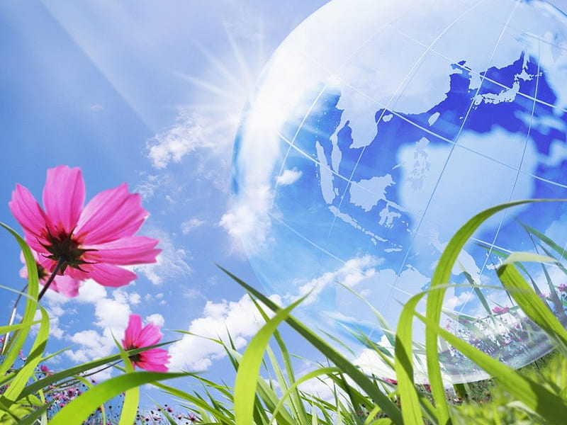 Globe, blue sky and Flowers, flowers, 3d, abstract, cg, HD wallpaper