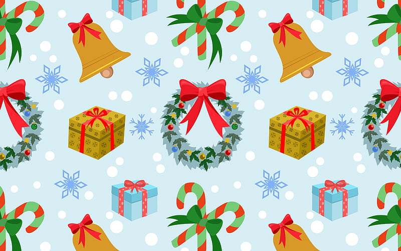 Texture, bow, paper, bell, red, pattern, wreath, christmas, craciun, gift, green, blue, HD wallpaper