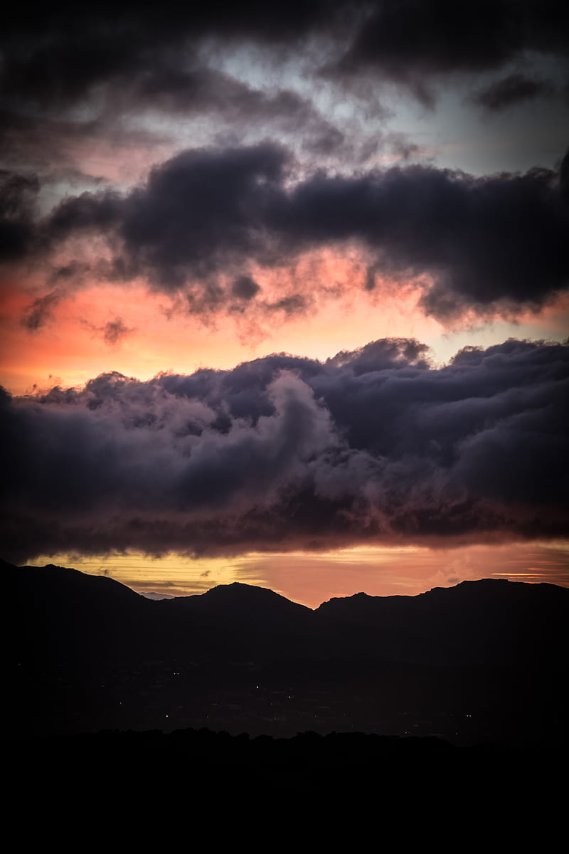sunset, mountains, hills, sky, clouds, HD phone wallpaper