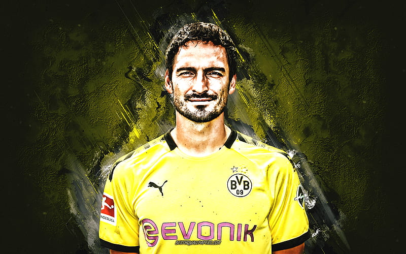 Mats Hummels, Borussia Dortmund, German football player, portrait, yellow stone background, football, Bundesliga, Germany, HD wallpaper