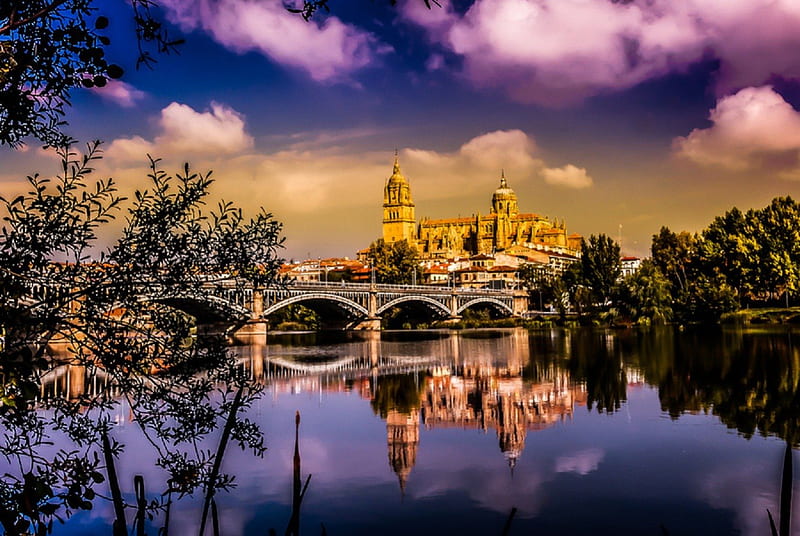 Salamanca, city, bridge, river, sky, street, HD wallpaper
