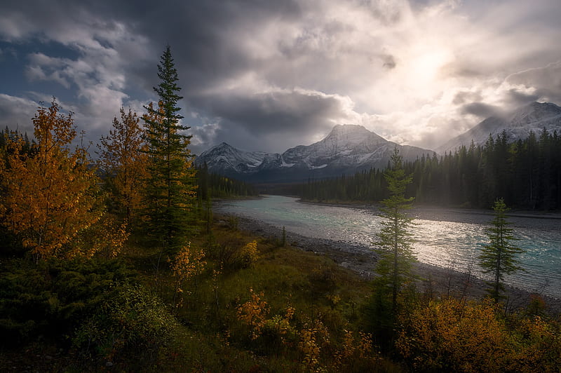 Earth, River, Alberta, Canada, Cloud, Fall, Jasper National Park, Landscape, Mountain, Vegetation, HD wallpaper