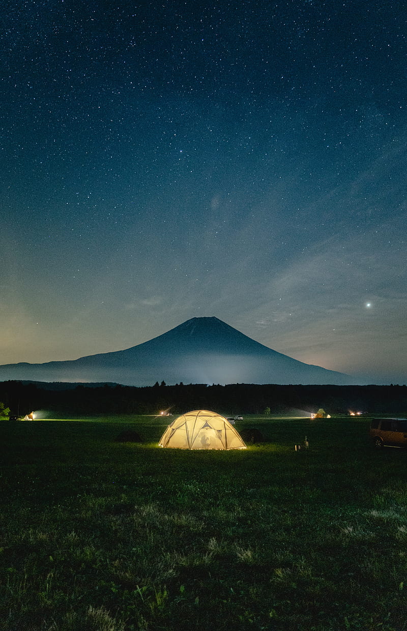 camping, tent, mountains, night, glow, HD phone wallpaper