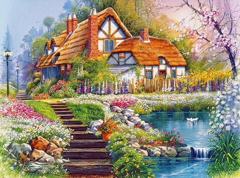 Lovely summer cottage, pretty, house, shore, cottage, cabin, bonito, countryside, nice, painting, flowers, quiet, calmness, lovely, spring, park, trees, swans, lake, water, alleys, serenity, summer, blossoms, garden, blooming, HD wallpaper