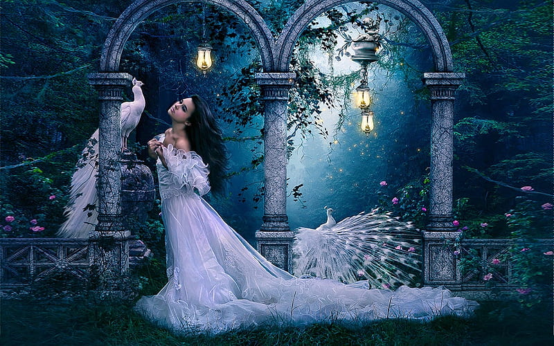 Enchanted Evening, enchanting, arches, lovely, peacocks, Dreamy, lady, Fantasy, HD wallpaper