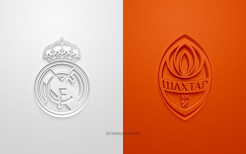 Real Madrid vs Shakhtar Donetsk, UEFA Champions League, Group B, 3D logos, white orange background, Champions League, football match, Real Madrid, Shakhtar Donetsk FC, HD wallpaper