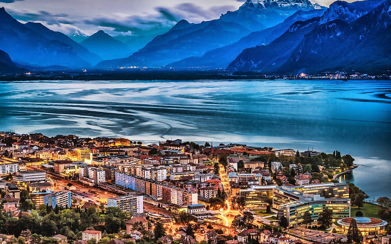 Vevey, Lake Geneva, evening city, mountains, Switzerland, Europe, R, HD wallpaper