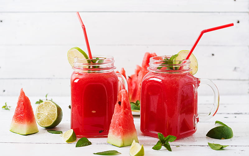 watermelon smoothie, summer smoothies, glass smoothie cups, watermelon, red smoothie, HD wallpaper