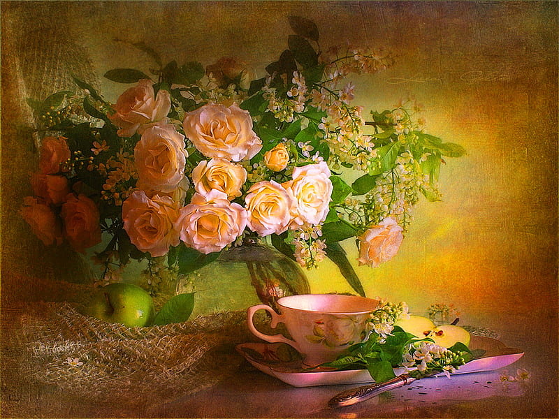 Still life, pretty, lovely, vase, bonito, tea tine, roses, tea, nice, coffee, cup, flowers, shadows, HD wallpaper