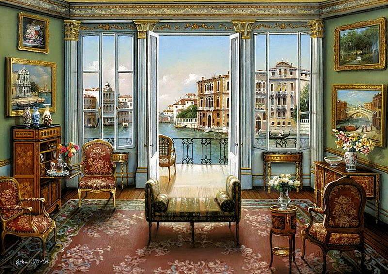 Venetian view, canal, window, houses, furniture, painting, room, HD wallpaper