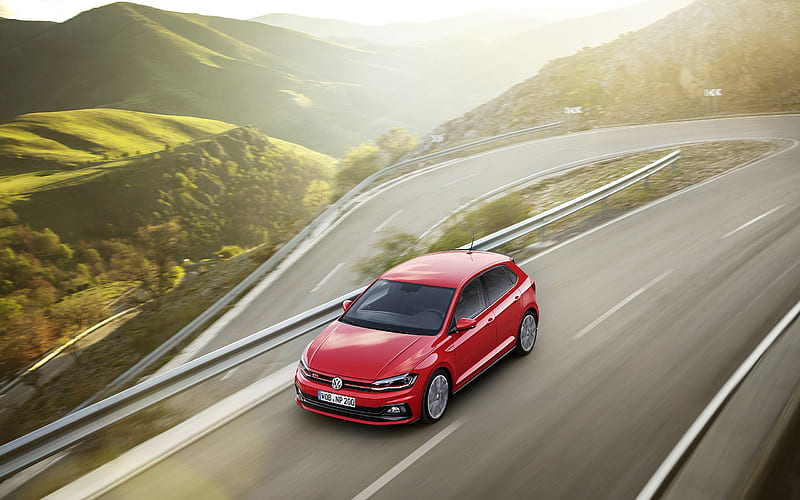 Volkswagen Polo GTI, 2018, Red polo, mountain serpentine, German cars, Volkswagen, HD wallpaper