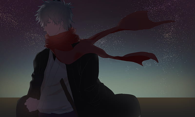 sakata gintoki, red scarf, gintama, stars, Anime, HD wallpaper