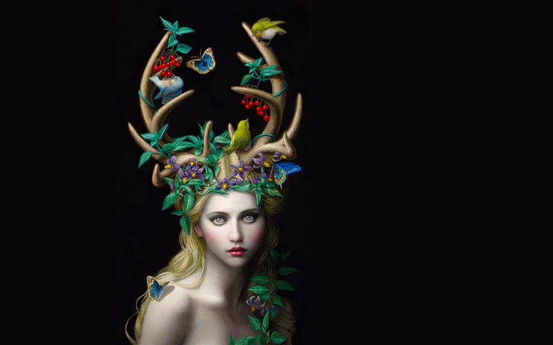 Forest nymph, art, luminos, black, nymph, horns, fantasy, green, bird, butterfly, girl, painting, pasari, pictura, chie yoshii, HD wallpaper