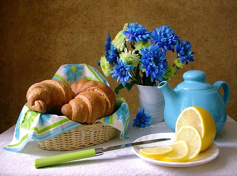 Breakfast with blooms, teapot, basket, grapefruit, vase, green and blue flowers, croissant, napkin, knife, HD wallpaper