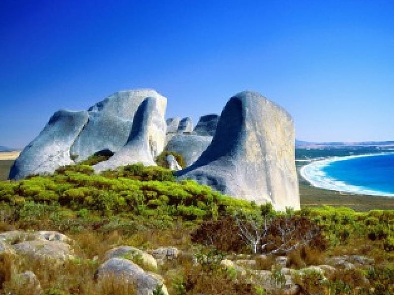 Eroded Granite, beach, grass, granite, australia, coast, HD wallpaper
