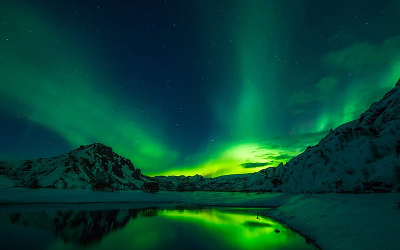 Northern lights, stars, sky, lake, winter, snow, mountains, night, Iceland, HD wallpaper