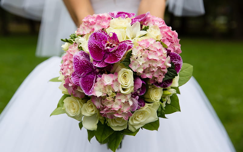 wedding bouquet, orchids, bride, white dress, pink orchids, wedding concepts, HD wallpaper