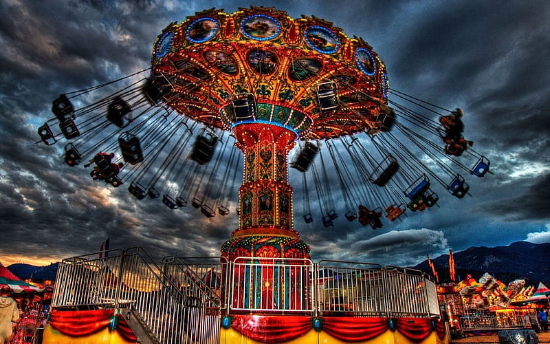 Funfair Carousel, people, colors, evening, fun, clouds, sky, artwork, HD wallpaper