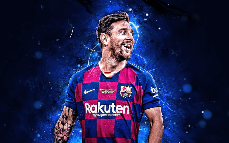 Lionel Messi, joy, 2020, Barcelona FC, La Liga, argentinian footballers, goal, FCB, football stars, Messi, Leo Messi, neon lights, Barca, soccer, LaLiga, Spain, HD wallpaper