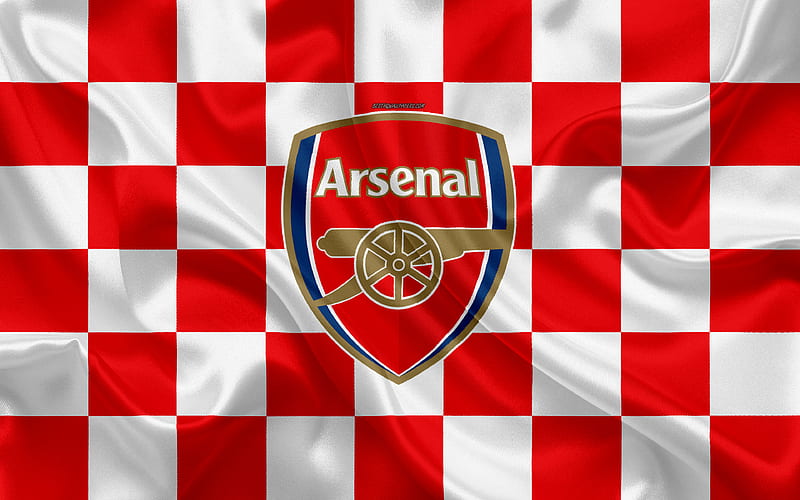 Arsenal FC logo, creative art, white red checkered flag, English football club, Premier League, emblem, silk texture, London, United Kingdom, England, Arsenal London, HD wallpaper