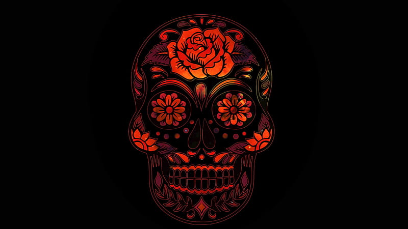 :-), rose, dia de los muertos, halloween, black, flower, saint hamster, red, sugar skull, luminos, fantasy, HD wallpaper