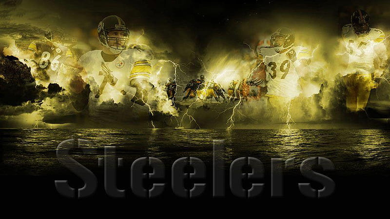 Pittsburgh Steelers With Background Of Lightning With Players Steelers, HD wallpaper