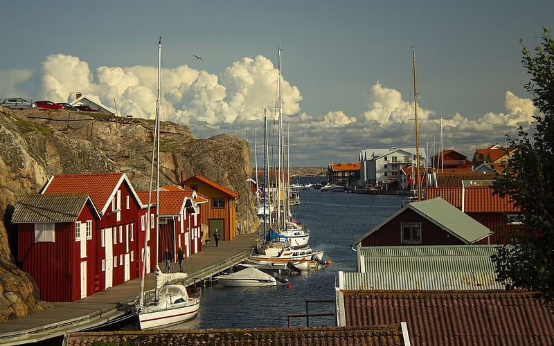 Bohuslan in Sweden, Sweden, boats, harbor, houses, promenade, HD wallpaper