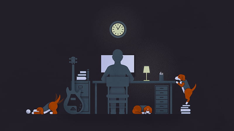 working environment, home office, guitar, clock, dog, desk, Others, HD wallpaper