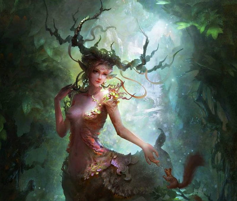 Fantasy girl, forest, art, squirrel, luminos, woman, horns, fantasy, girl, green, xueyinye, centaur, HD wallpaper