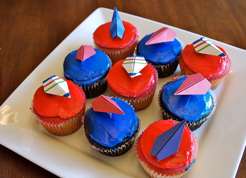 Cupcakes for Frank (immoral), red, cupcakes, airplane, food, cream, blue, sweet, HD wallpaper