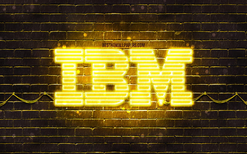 IBM yellow logo yellow brickwall, IBM logo, brands, IBM neon logo, IBM, HD wallpaper