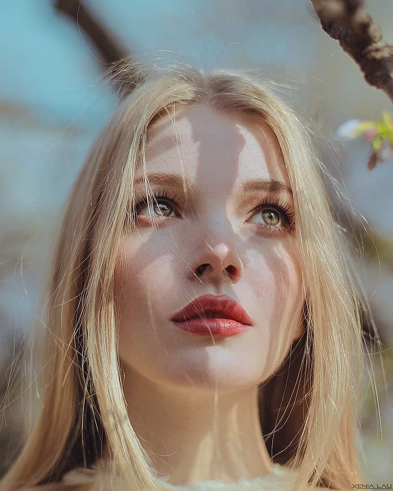 blonde, face, women, model, women outdoors, red lipstick, HD phone wallpaper